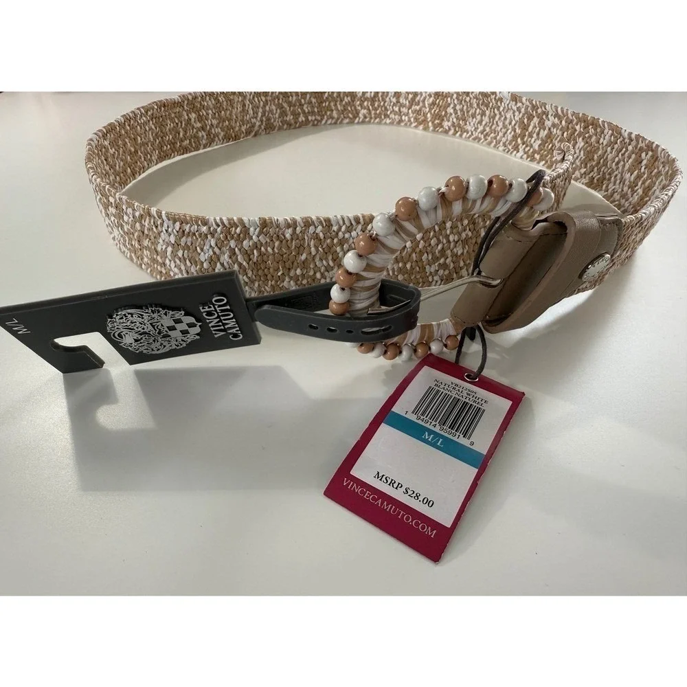 Vince Camuto Woven Straw‎ Belt Beaded Buckle Coastal Resort Luxe NWT M/L